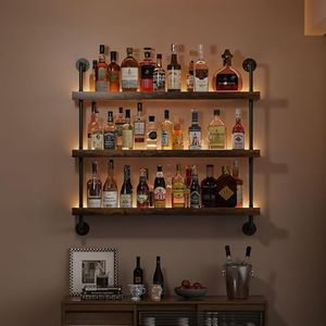 Woskar 3-Tier Wall Mounted Wine Rack with LED,Liquor Bottles Floating Shelves Display Storage Organizer for Home Bar Dining Room Kitchen (31.5" W x 47.2" H x 8.6" D)