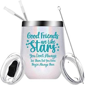 Ficsowy BFF Birthday Gifts for Women Wine Tumbler,Funny Thanksgiving & Gifts of Friendship for Best friend,Sister,Her,Coworker,Wedding,Insulated Double Wall Cup with Sayings(12oz,Glitter White)