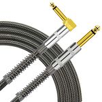 Tisino Guitar Lead, 3m 6.35mm jack (1/4 inch) Right Angle to Straight Bass Cord Instrument Cable - Black