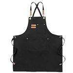 Black Canvas Aprons, Work Aprons for Men Women, Chef Aprons with Adjustable Strap and 3 Pockets, Apron for Servers Kitchen Cooking Baking Artist Painting, Cross Back