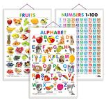 Set of 3 Alphabet, Fruits and Numbers 1-100 Early Learning Educational Charts for Kids | 20"X30" inch |Non-Tearable and Waterproof | Double Sided Laminated | Perfect for Homeschooling, Kindergarten and Nursery Students