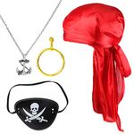 Beelittle Halloween Pirate Costume Accessories Durag Long-Tail Headwraps Silky Pirate Cap Pirate Eye Patch Gold Earring Necklace Pirate Role Play Set (Red 1)