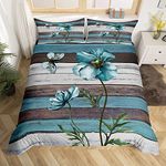 Manfei Teal Floral Duvet Cover Set King Size, Flower Butterfly Comforter Cover with 2 Pillowcases, Rustic Farmhouse Bedding Set 3pcs for Kids Boys Girls Room Decor Vintage Wood Board Bedspread Cover