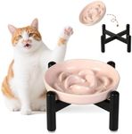 Elevated Slow Feeder Cat Bowl - Ceramic Cat Food Dish with Anti-Slip Stainless Steel Stand - Raised Maze Plate for Slow Eating - Light Pink