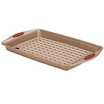 Rachael Ray 2 Piece Cucina Nonstick Bakeware Crisper Pan Set, Latte Brown with Cranberry Red Handle Grips