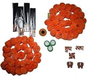 STORE INDYA Pooja Set Combo 2 Orange Marigold Wall hangings,3 Tealight Candle Holder Diyas,Acrylic Stickers of Shubh Labh, Swastik and Laxmi Charan,Incense Sticks with Holder