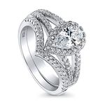 BERRICLE Rhodium Plated Sterling Silver Pear Cut Cubic Zirconia CZ Halo Wedding Engagement Split Shank Ring Set 1.4 CTW, Metal, Cubic Zirconia