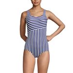 Lands' End Women's Chlorine Resistant Soft Cup Tugless Sporty One Piece Swimsuit, Deep Sea/White Media Stripe, 8