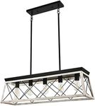 Luupyia Farmhouse Rectangular Chandelier Rustic, 5-Lights Kitchen Island Lighting, Linear Island Light Fixture Farmhouse Pendant Lighting Fixtures for Dining Room Pool Table Beige