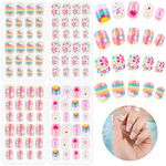 96 Pcs Kids False Nails, Children Press on Fake Nail Tip Cartoon Kids Full Cover Short Fingernail Children Artificial Nail Tips Kids Pre-glued Fake Nail Stickers for Girls Nails Art Decoration