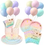 Pastel Party Paper Plates Cups and Napkins Set, Christening Birthday Party Decorations with Balloon Cups Straws Napkins Paper Plates, Rainbow Party Tableware for Birthday Decorations Baby Shower Girl