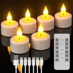 SoulBay Rechargeable Tea Lights with Remote, 6pcs LED Electric Flameless Flickering Candles with Timer & USB Cable for Home Lantern Table Party Bedroom Holiday Decorations, No Battery Needed