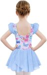 Zaclotre Girls Dance Leotards Sparkly Chiffon Skirt Butterfly Printed Blue Ballerina Outfits 10-11 Years