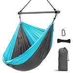 Hammock Chair, Portable Large Hanging Rope Swing - Lightweight Nylon Parachute -Max 500 Lbs - Detachable Metal Support Bar Hammock Chair Swing for Outdoor, Indoor, Camping, Beach (Grey & Sky Blue)