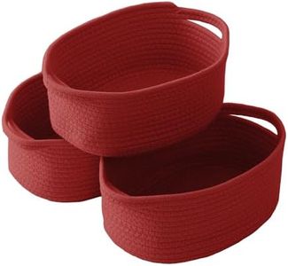 JMvicyroam Woven Basket, Small Rope Storage Bin with Handles & Ribbon Bag, Organizer for Shelves Closets Bathroom, Empty Gift Basket for Wedding Birthday Father's Day, Red/3 Pack