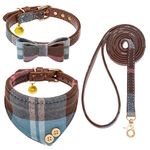 EXPAWLORER Dog Collar and Lead Set - Classic Plaid Bow Tie and Bandana Collar with Cute Bell, No Tangle Dog Lead, Adjustable Puppy Collar for Small Medium Large Dogs Cats, Holiday Birthday Gifts