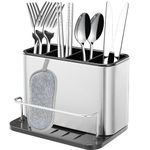 XFLYP Utensil Holder Cutlery Drainer Sink Caddy, 4 Compartments with Drainer, Cutlery Holder for Kitchen and Bathroom Storage Plastic Tableware Storage Drain Box Sink Cleaning Up(Stainless Steel)