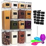 Queta 15Pcs Airtight Food Storage Container Set Plastic Kitchen Organiser Kitchen Storage Containers with LidsReusable Labels MarkerSpoon Ideal for Flour Cereal Spaghetti Pasta 2.8L 2L 1.4L 0.8L