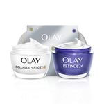 Olay Moisturiser Gift Bag, Womens Skin Care Gift Sets & Kits, Retinol 24 Night Cream 50ml & Collagen Peptide 24 Face Cream 50ml for Smooth & Glowing Skin, Free Make Up Bag & Gua Sha