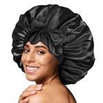 BONNET QUEEN Silk Bonnet Satin Bonnet Hair Bonnet for Sleeping Adjustable Bonnet Tie Bonnets Night Cap Sleep Cap Big Bonnet for Women Curly Hair Black