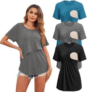 Ekouaer Short Sleeves Maternity Shirts Nursing Tops & Tees for Mommy Round Neck Pregnancy Loungewear Breastfeeding Outfit Tee Shirts 3 Packs XXL (Black + Dark Grey + Blue Green)