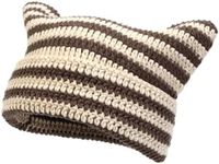 LERTREE Women Girls Winter Crochet Hats Cat Ear Beanie Stripe Bonnet Slouchy Grunge Kniting Caps (AU, Alpha, Medium, Large, Beige-Coffee)