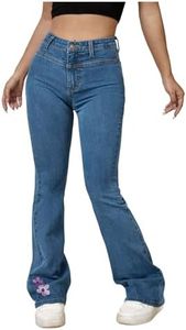 WDIRARA Women's High Waisted Wide Leg Print Casual Baggy Jeans Denim Pants Medium Wash Floral Large