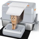 Vivifying Stainless Steel Cat Litter Tray, High-Sided, Removable and Metal Enclosed Stainless Steel Cat Litter Box with Lid with Scoop, Steps and Mat (Grey)
