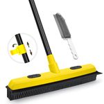 JEHONN Rubber Broom with Squeegee, Pet Hair Remover 134CM Long Handle, Push Fur Removal Tool with Portable Detailing Lint Brush for Fluff Carpet, Window, Tile, Hardwood Floor Cleaning (Yellow)