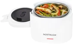 Nostalgia Portable 20-Ounce Electric Heated Lunch Box – Travel Size 2.5 Cup Capacity for Soup, Chili, and Leftovers – Leak Proof Silicone Sealed Lid, Foldable Carry Handle, Detachable Cord – White