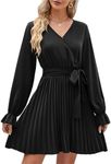 SEDEX Long Sleeve Dress, Pleated Beach Tie Waist Ladies Wrap Dress V Neck Skater Dresses for Women UK Black