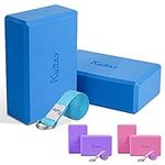 Kufixy Yoga Blocks Set of 2 with Strap EVA Foam Soft and Sturdy Non Slip Lightweight Yoga Brick for Balance Stretching Pilates Meditation and Deep Flexible Poses (Blue) - 23 x 15 x 7.8 cm