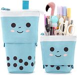 FINEMOE Polyester Standing Case Cute Pencil Pouch For Girls&Boys-Korean Boba Pop Up Stationery Makeup Cosmetic Organizer Box,Pen Pencil Pouches For Stationary Boys Kids Women School Students(Blue)