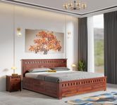 MUSTOOK Sheesham Wooden Bed Queen Size Bed with Storage | Wooden Double Bed Hydraulic Bed with Storage and Headboard for Bedroom | Rosewood (Honey Finish)