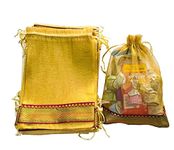 KRIWIN Pack of 25, 9 X 7 inch Medium Size Tissue Silk Gift Bags/Potli/Pouches with Brocade Border (Golden)