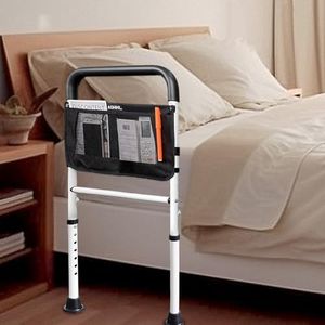 Bed Rails for Elderly Adults Safety with Adjustable Heights Storage Pocket Assist Support Side Railings for Seniors Citizens Slides Under Mattressbed Cane Medical Bed Guard Bed Handles Bars (White)