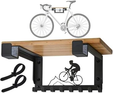 Bike Rack Wall Mount with Shelf and 8 Hooks Offer Horizontal Indoor Bike Storage for Sheds Garages. Wooden Bike Rack Bracket for Road, Mountain, Travel Bicycles, Maximizing Space