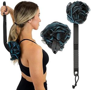 Vive Long Handled Loofah on a Stick - Mesh Back Sponge for Bath, Reusable w/Extra Pouf - Exfoliating Scrubber for Elderly & Disabled, Soft Loofa for Bathing Men & Women