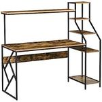 HOMCOM Computer Desk with Bookshelf, Industrial Writing Table with 6 Tier Storage Shelves for Home Office, Bedroom, Study, 150 x 55 x 138cm, Rustic Brown