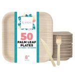 Leafique 8 Inch Disposable Square Palm Leaf 50 Plates + 100 Cutlery (50 Forks & 50 Knives) - Disposable Dinnerware for Birthday Party & Celebrations | Better Than Paper, Wood, Bamboo or Plastic Plates