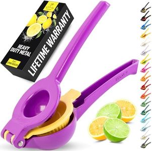Zulay Kitchen Metal 2-in-1 Lemon Squeezer - Sturdy Max Extraction Hand Juicer Lemon Squeezer Gets Every Last Drop - Easy to Clean Manual Citrus Juicer - Easy-Use Lemon Juicer Squeezer - Purple/Yellow
