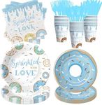 Suhelkit Donut Baby Sprinkle Decorations Tableware For Boy - Sprinkled with Love Baby Shower Decorations Party Supplies, Plate, Napkin, Cup, Cutlery, Blue Donut Baby Shower Decorations | 24 Guests