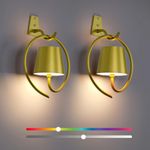 Battery Operated Wall Lights, 2 Pack RGB Rechargeable Wall Light Indoor Cordless Wall Lamp, Dimmable Wireless LED Wall Lamps IP54 Waterproof Wall Sconce Lights for Bedroom, Living Room(Champagne)