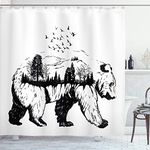 Ambesonne Cabin Decor Shower Curtain, Hand Drawn Bear Double Exposure with Forest Trees Flying Birds Concept Art, Fabric Bathroom Decor Set with Hooks, 75 Inches Long, Black and White