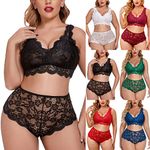 2PCS Plus Size Sexy Lingerie Sets for Women V Neck High Waist Floral Lace Bra and Panty 2 Piece Set No Underwire Sleepwear Lace Ring Underwear Soft Fashion Daily Essentials UK Pajamas Sales