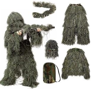 LLNTOU Ghillie Suit 5 in 1, Ghillie Suit for Men/Kids/Women, 3D Camouflage Hunting Apparel Including Jacket, Pants, Hood, Carry Bag, Gift for Hunter, Halloween Costumes (Adult)