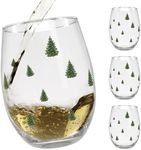 BANBERRY DESIGNS Holiday Winter Stemless Wine Glasses Christmas Tree Design Set of 4 - Xmas Themed 20 oz Capacity