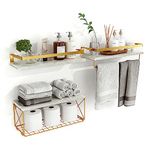 Hoiicco Bathroom Shelves with Wire Storage Basket, Floating Shelves Over Toilet with Towel Bar, Wall Shelves for Bedroom, Living Room, Kitchen and Bathroom Toilet Paper (Gold)