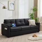 TYBOATLE 88" W Black Faux Leather Sofa Couches for Living Room, Mid-Century Modern Tufted Comfy Small Loveseat w/USB and Wide Arms, 3 Seater Office Cloud Couch for Small Space Apartment Bedroom