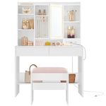 VASAGLE Vanity Desk with Power Outlets, Makeup Vanity with Mirror and Lights, Upholstered Vanity Stool, Dimmable LED Lights, 6 Compartments, 2 Drawers, for Bedroom, Cloud White URDT031W01